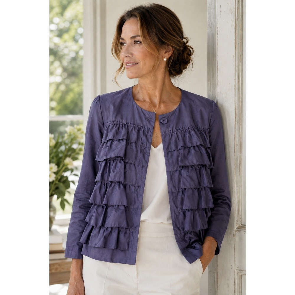 Garnet Hill 100%‎ Silk Ruffle Jacket Purple Cropped Lightweight Blazer 10